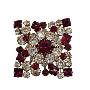VTG Brooch Gold Tone Red Clear Rhinestone Square Cluster Antique Revival Pin Pin